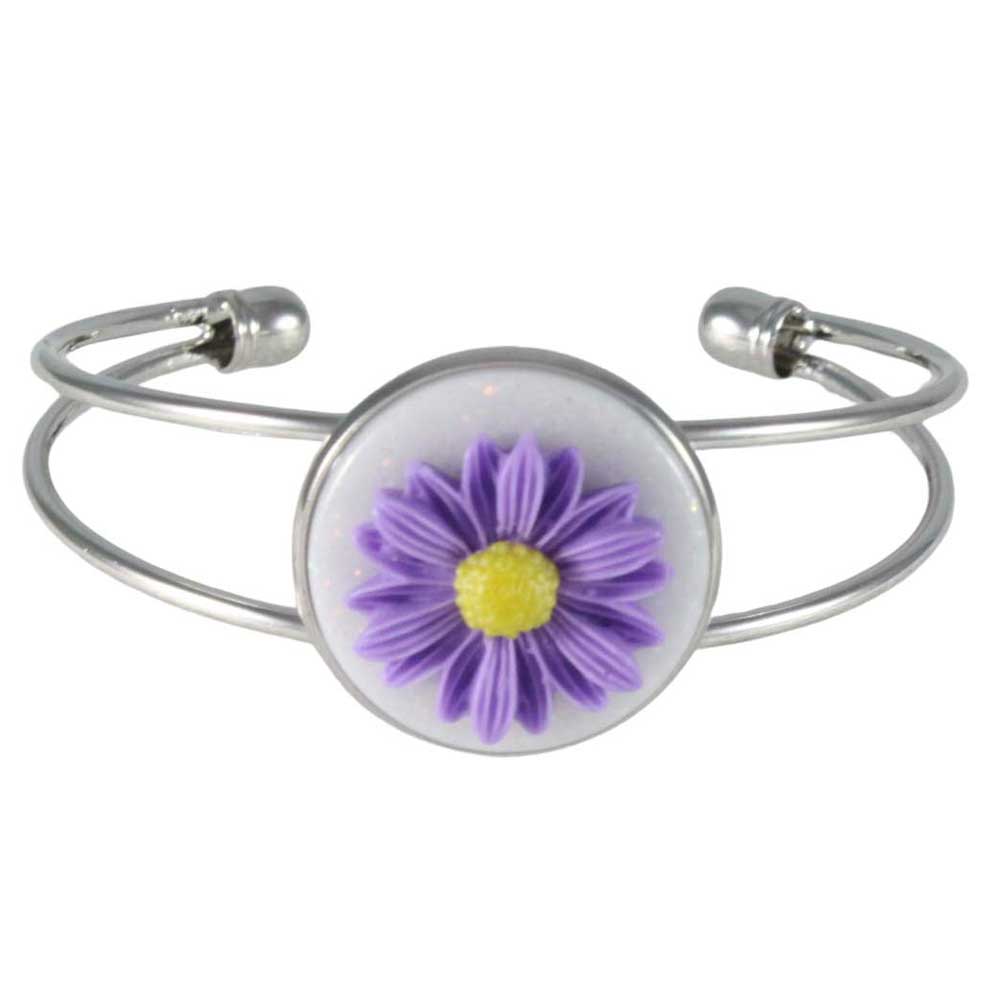 Silver Cuff Bracelet with Purple and Yellow Daisy - Lilylin Designs