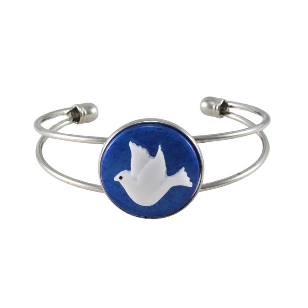 Cuff bracelet with a blue disc featuring a white dove design on a white background - Lilylin Designs
