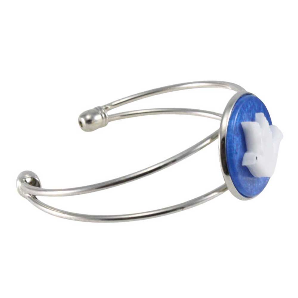 Cuff bracelet with a blue disc featuring a white dove design side view - Lilylin Designs