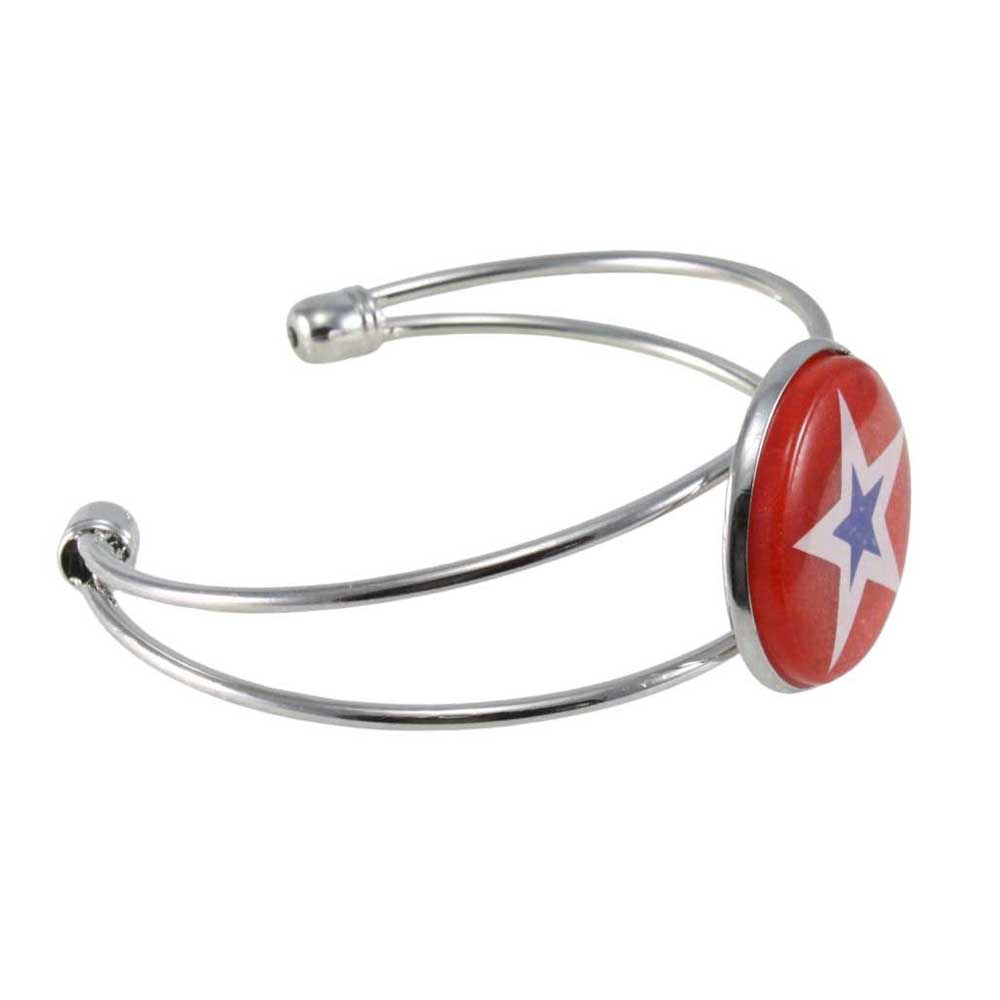 Silver bangle with a red disc featuring a blue and white star - side view- Lilylin Designs
