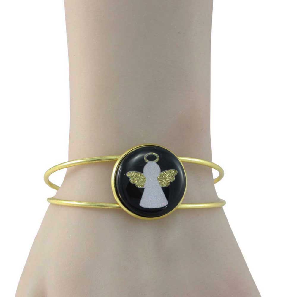 Gold bracelet with an angel charm on a mannequin wrist against a white background - Lilylin Designs