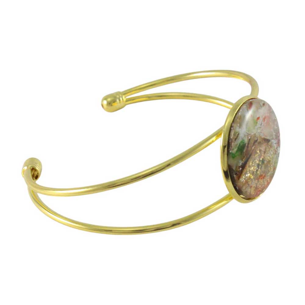 Side view of Gold bracelet with a round, multicolored brown stone on a white background | Lilylin Designs