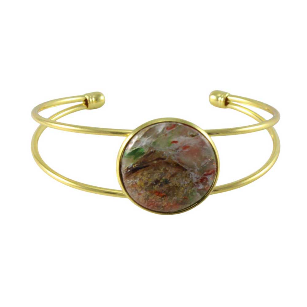 Gold bracelet with a round, multicolored brown stone on a white background | Lilylin Designs
