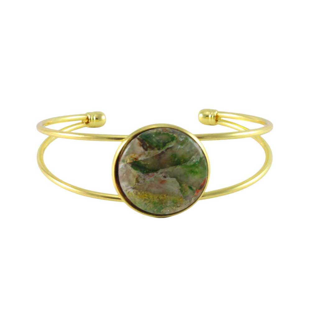 Gold bracelet with a round, multicolored green stone on a white background | Lilylin Designs