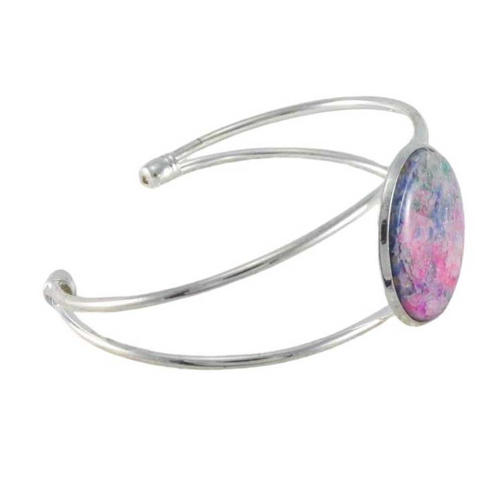 Side view of Silver cuff bracelet with pink handcrafted clay stone on white background | Lilylin Designs
