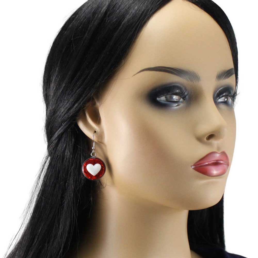 Model wearing Red with White Heart Handcrafted Resin 3D Heart Earrings -  Lilylin Designs