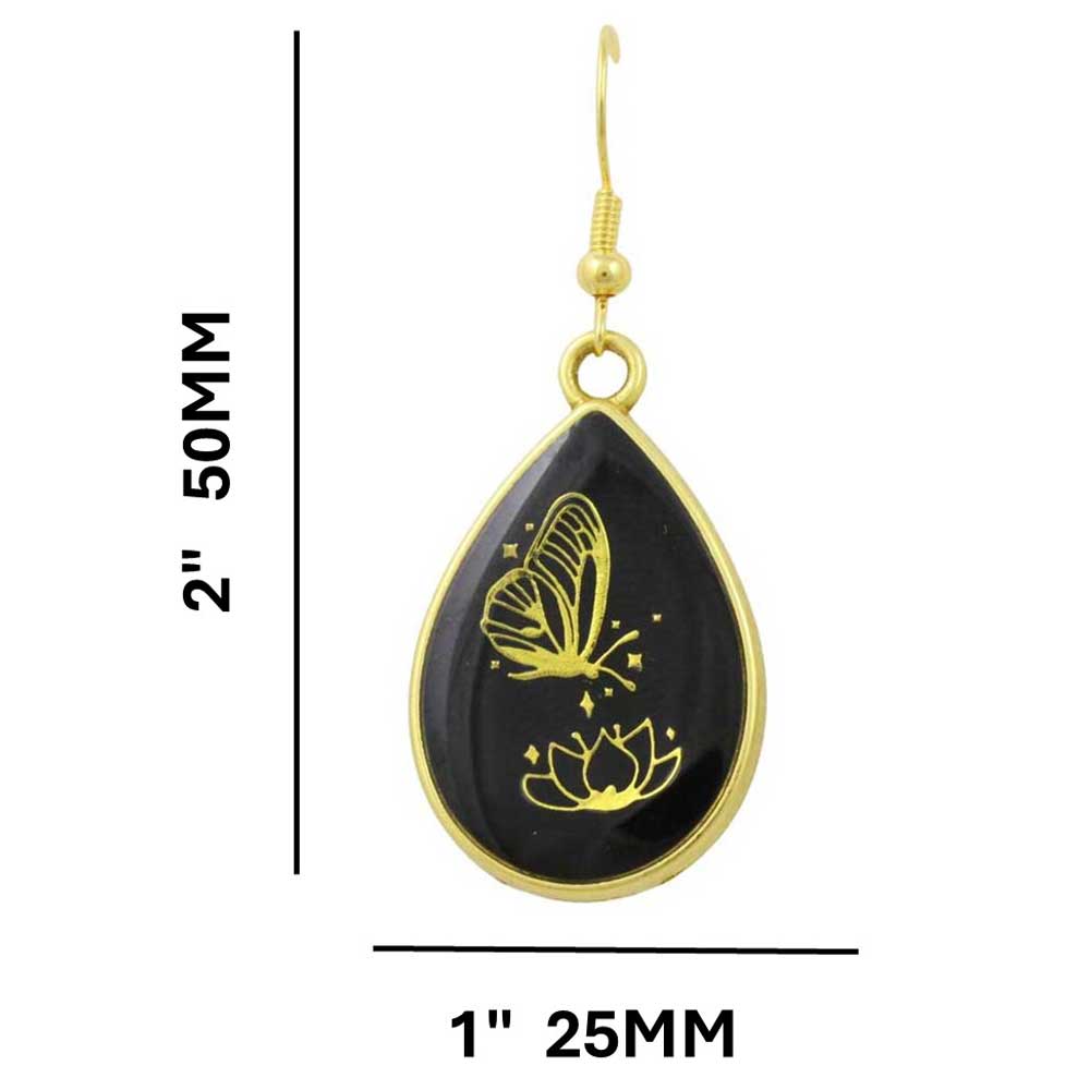 Black teardrop-shaped earring with gold butterfly and lotus design, measurements indicated - Lilylin Designs