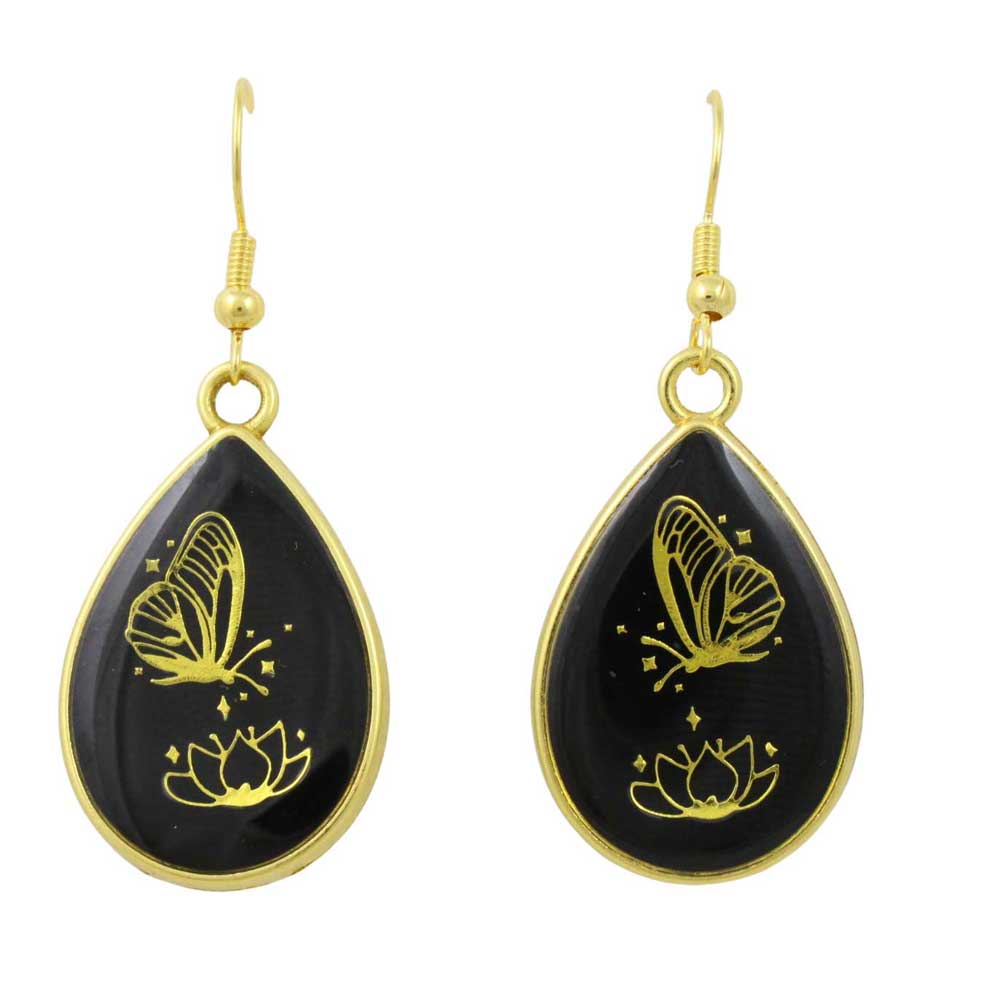 Teardrop-shaped earrings with gold butterfly and lotus designs on black background - Lilylin Designs