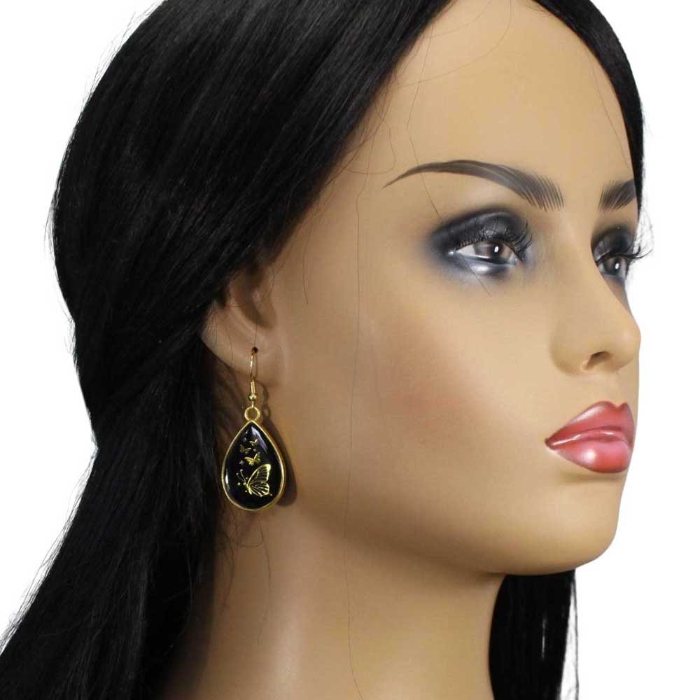 Model with Black Teardrop with Swarm of Gold Butterflies Earring - Lilylin Designs
