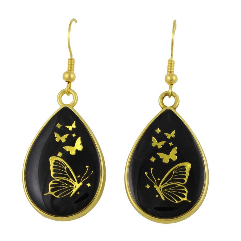 Black Teardrop earrings with swarm of gold butterflies - Lilylin Designs