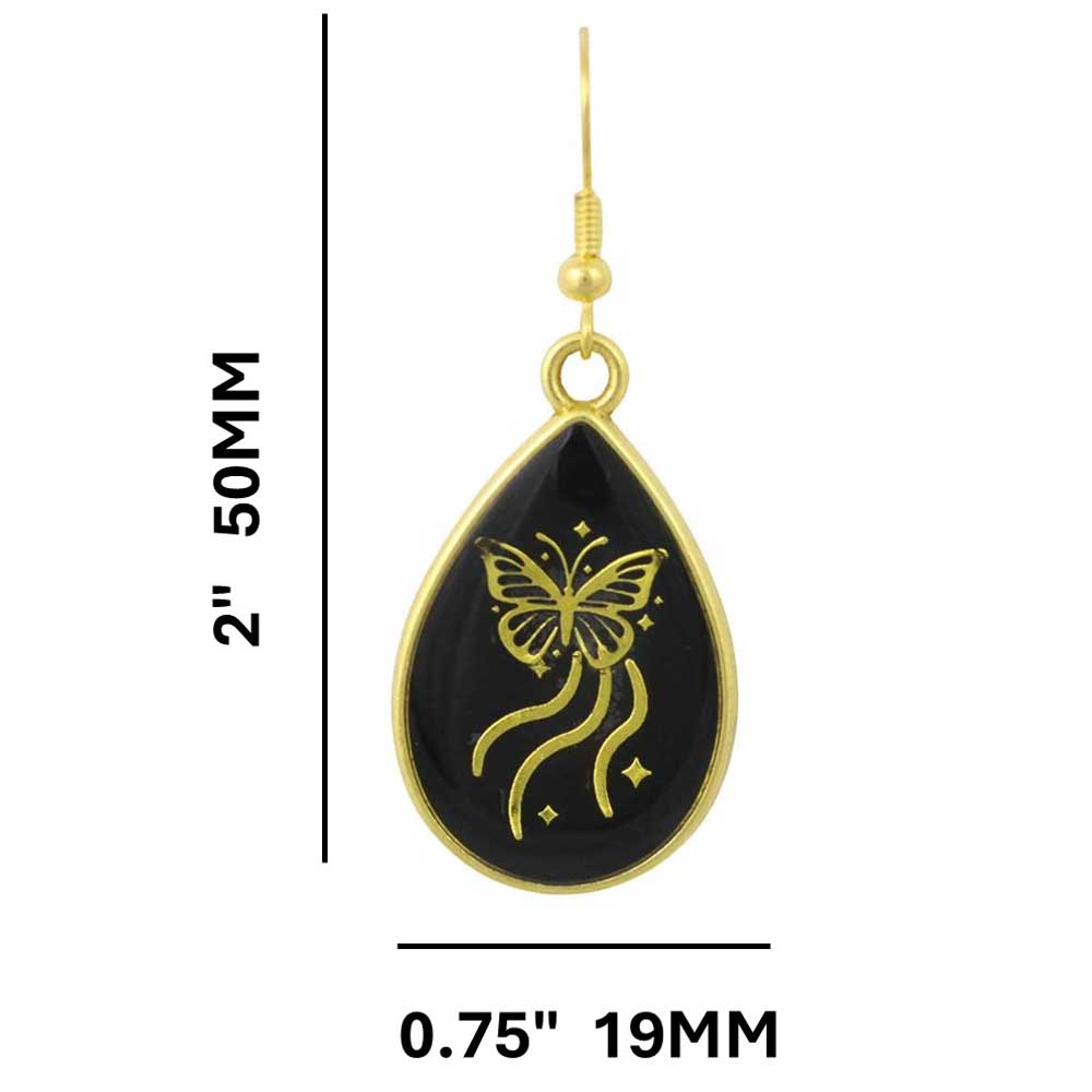 Black teardrop earring with gold butterfly design and measurements on a white background - Lilylin Designs