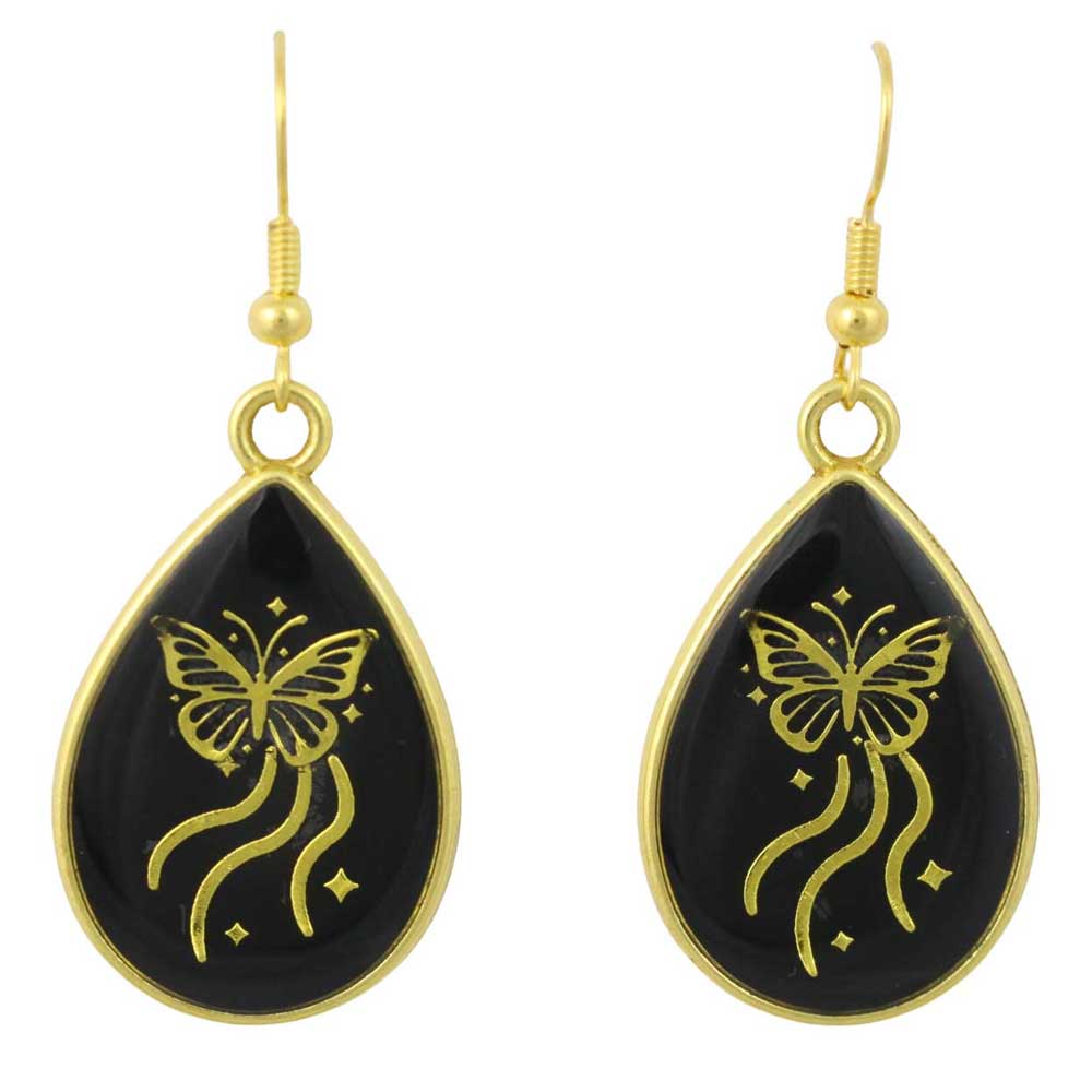 Black teardrop earrings with gold butterfly designs on a white background - Lilylin Designs