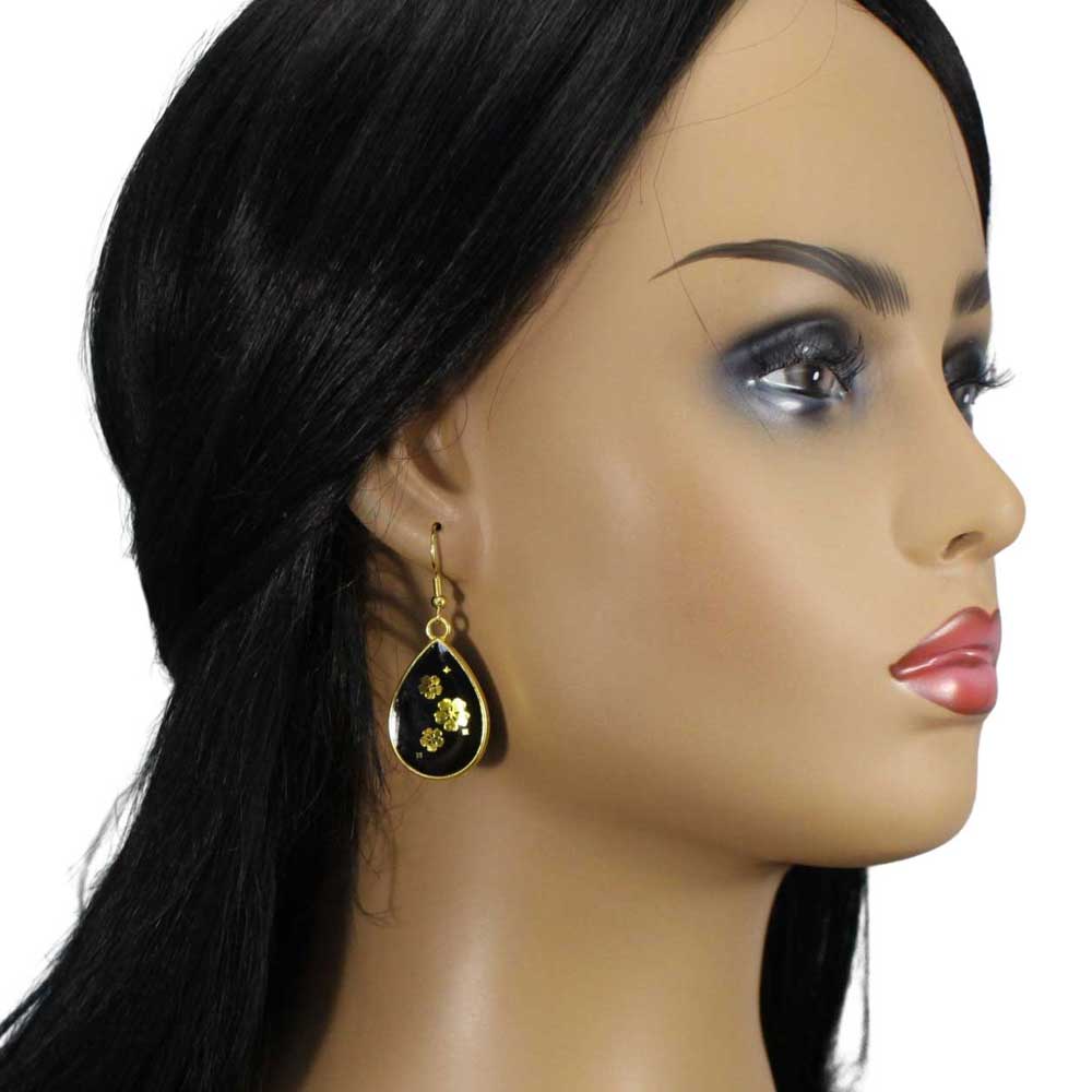 Handcrafted Black Resin with Gold Flowers Earrings - RESER512