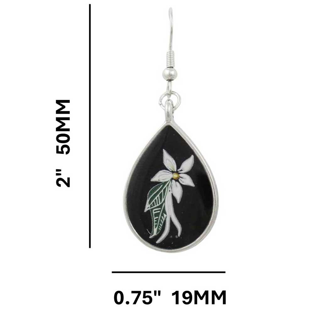 Teardrop-shaped earrings with floral design on a black background, shown with measurements - Lilylin Designs