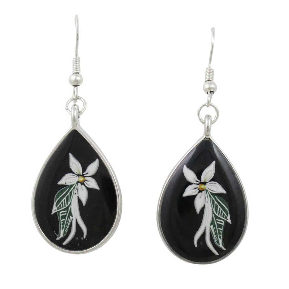 Teardrop-shaped earrings with black background and white floral design - Lilylin Designs