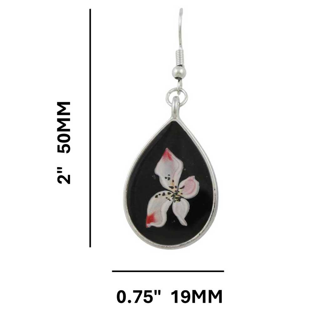 Teardrop-shaped earring with floral design on a black background, shown with measurements - Lilylin Designs