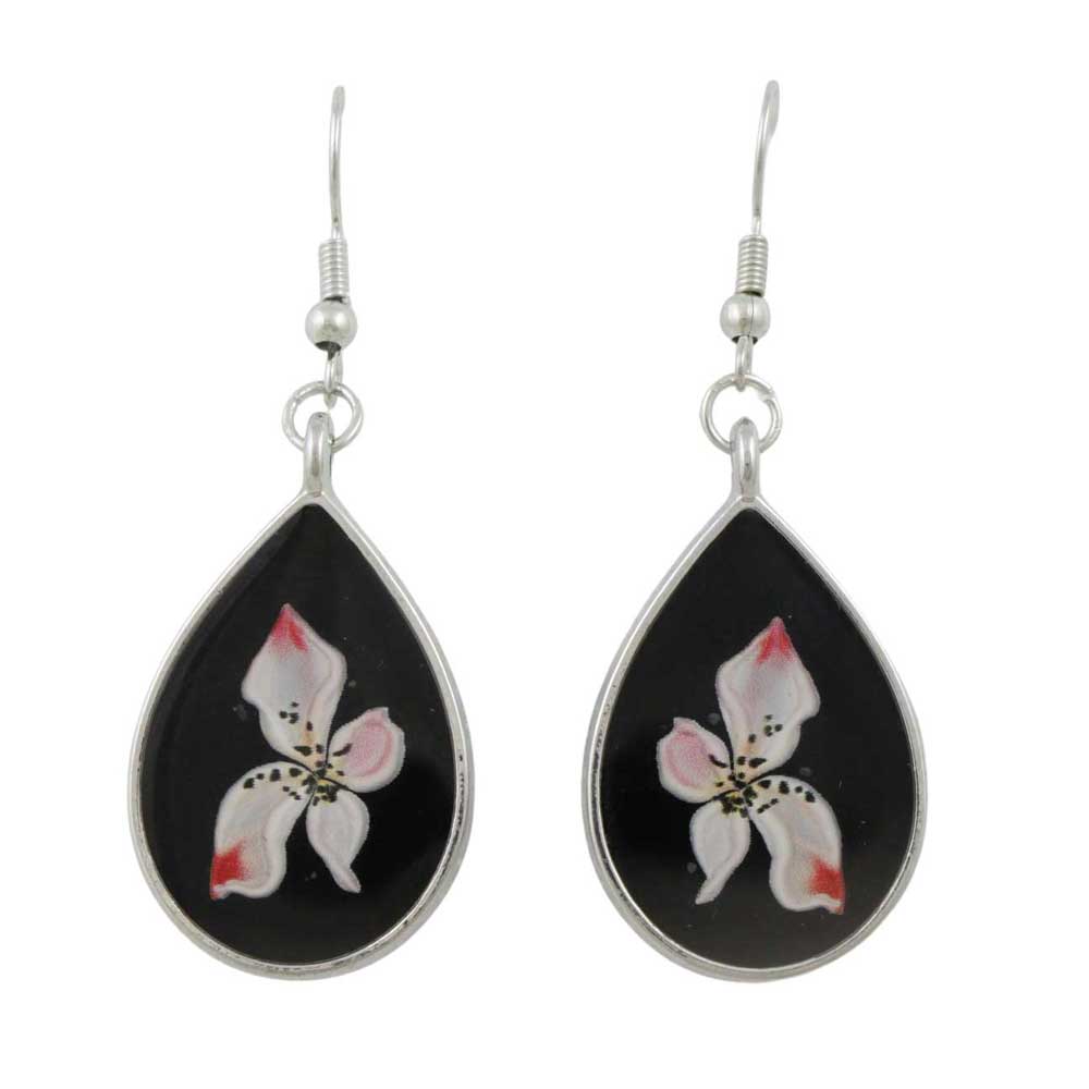 Black Teardrop-shaped earrings with white and pink orchid - Lilylin Designs