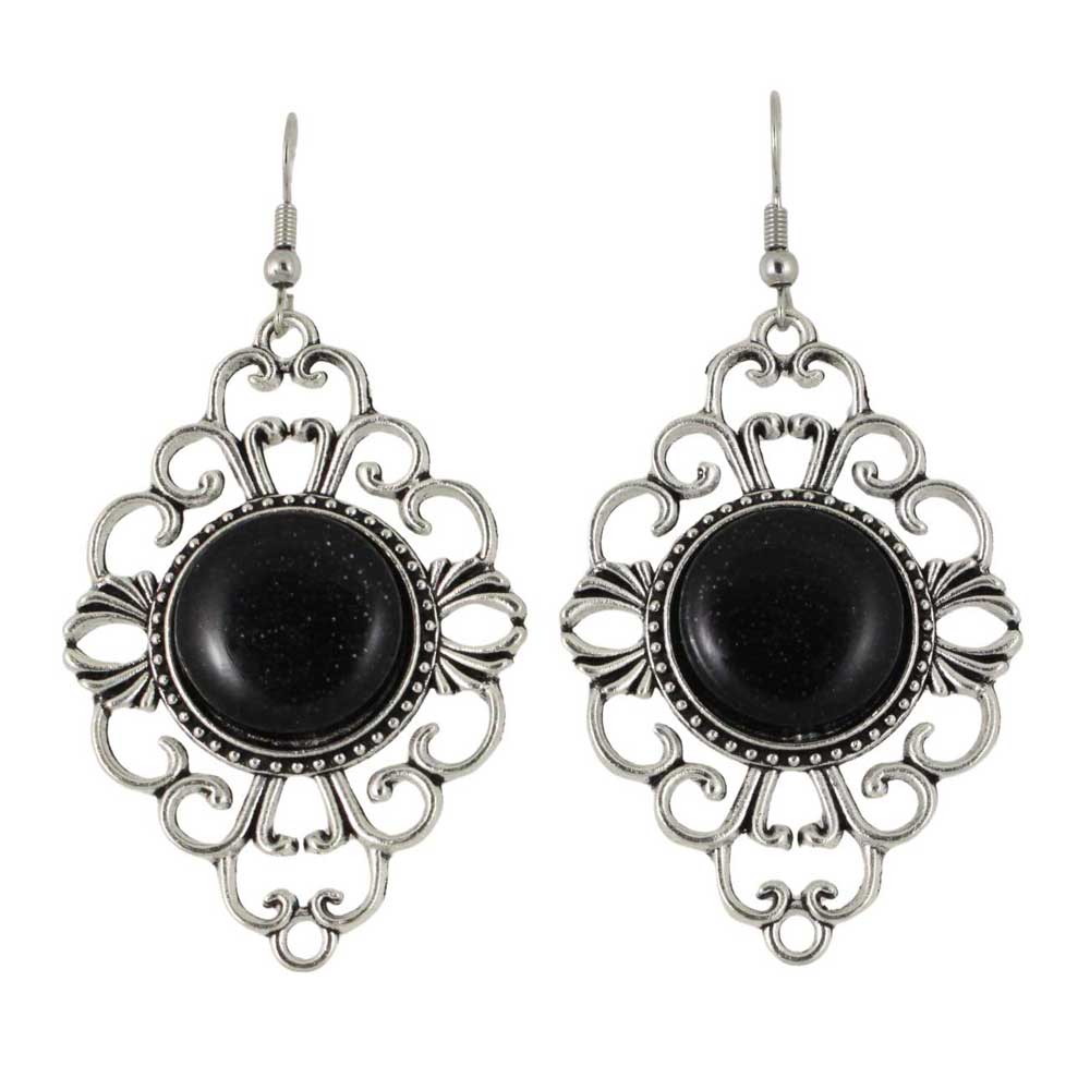 Pair of dangling filigree earrings with black glitter stones - Lilylin Designs