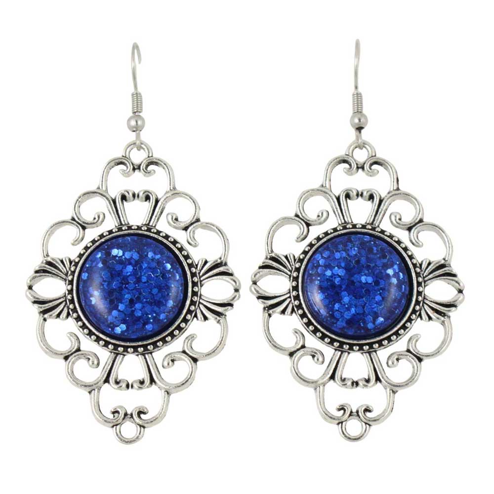 Pair of dangling filigree earrings with blue circular stones - Lilylin Designs