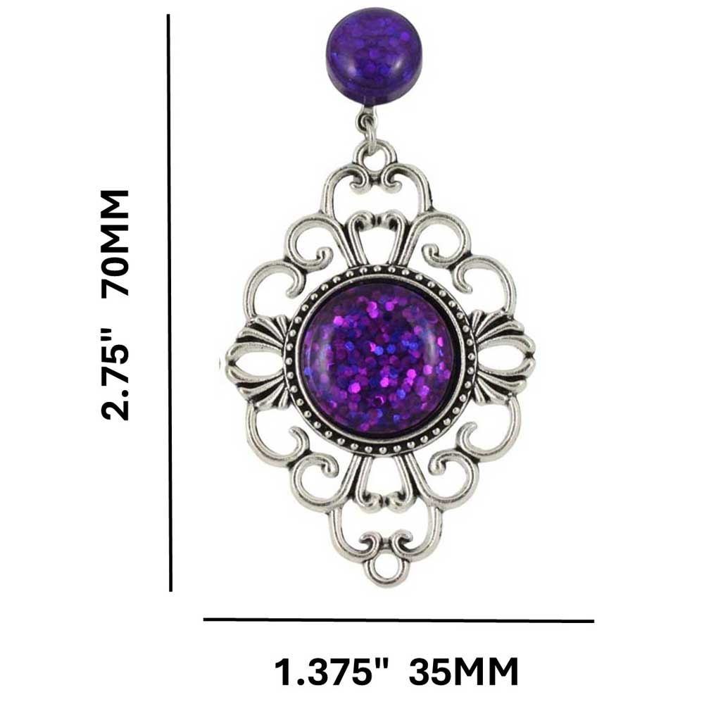 Decorative earring with purple gem and silver frame, shown with measurements - Lilylin Designs