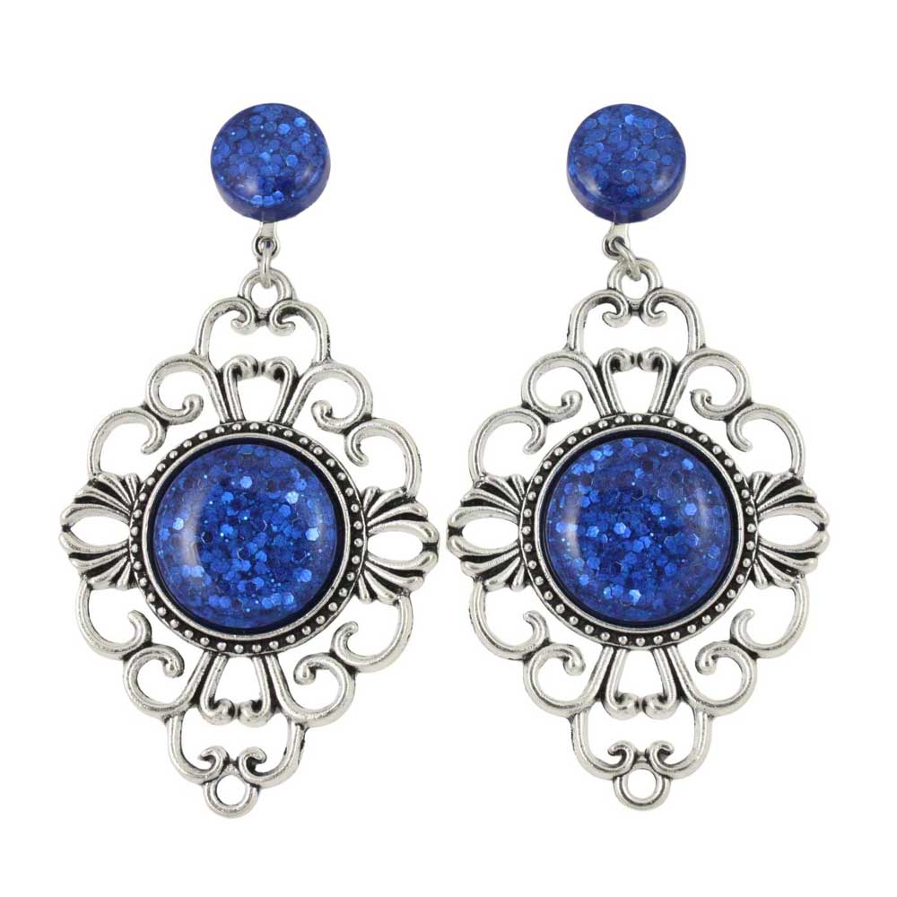 Pair of ornate clip on earrings with blue glitter stones - Lilylin Designs