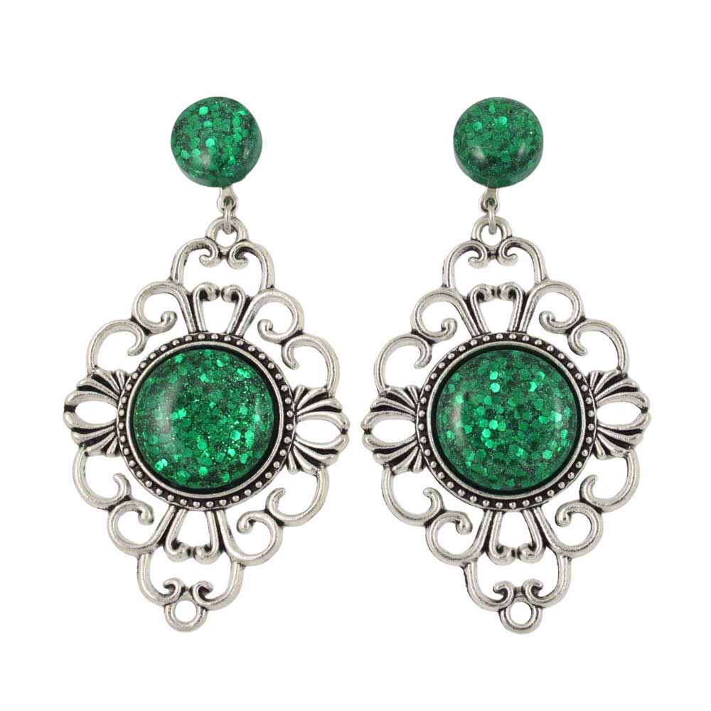 Pair of ornate clip on earrings with green glitter stones - Lilylin Designs