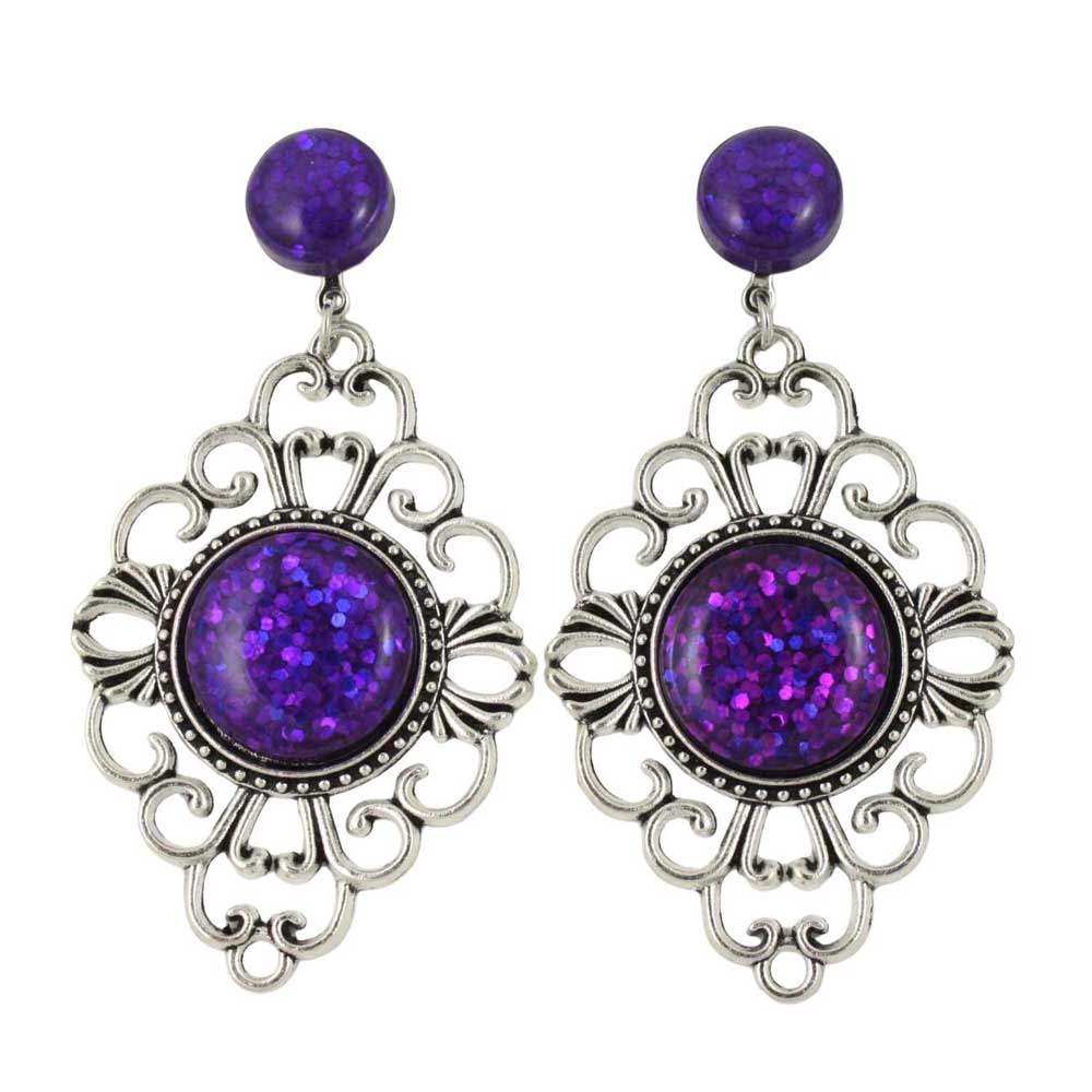 Pair of ornate clip on earrings with purple glitter stones - Lilylin Designs