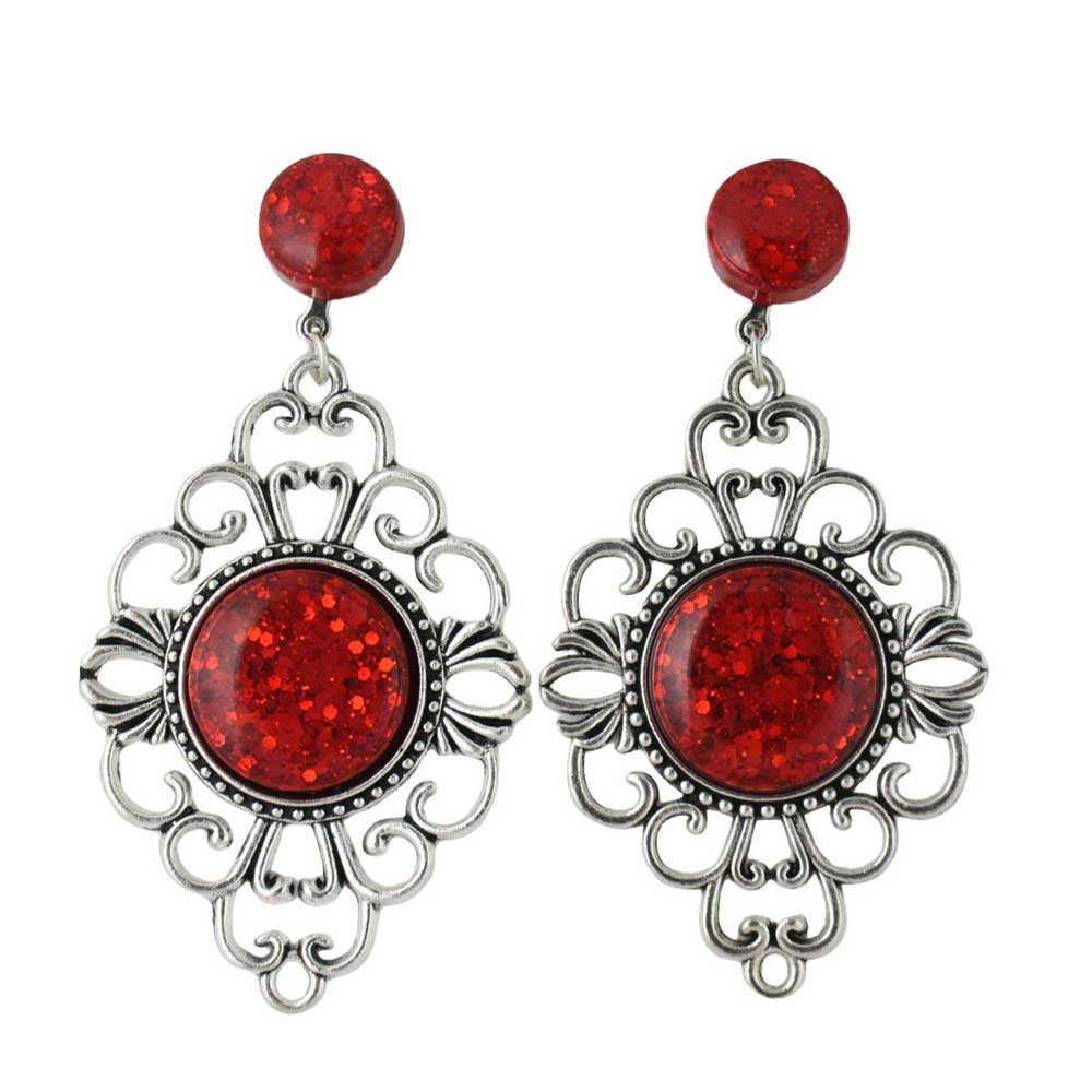 Pair of ornate clip on earrings with red glitter stones - Lilylin Designs
