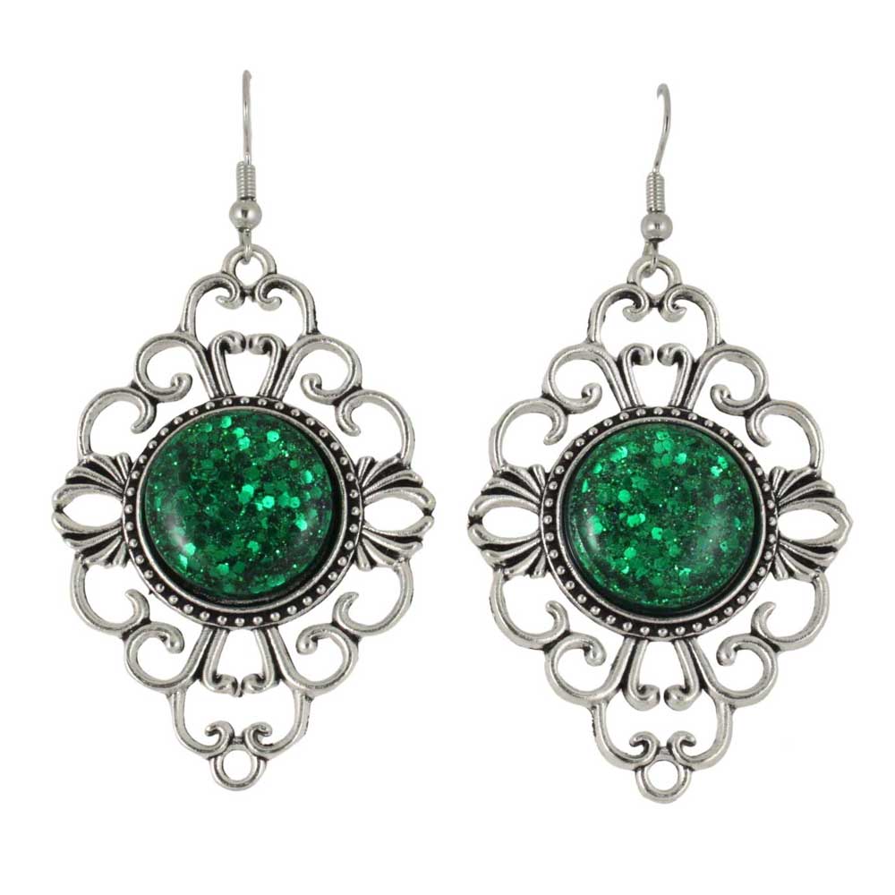 Pair of dangling filigree earrings with green glitter stones - Lilylin Designs
