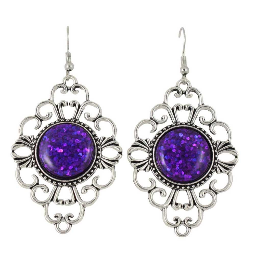 Pair of dangling filigree earrings with purple glitter stones - Lilylin Designs