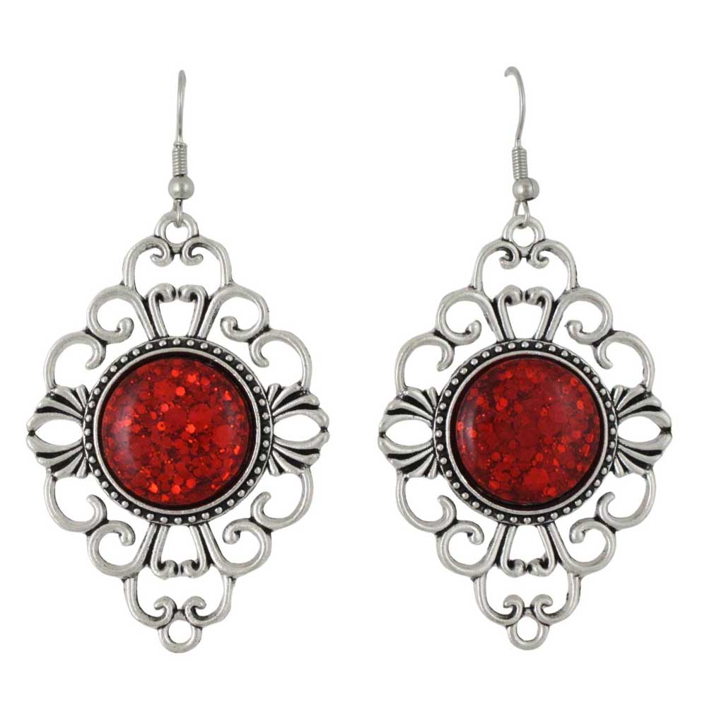 Pair of dangling filigree earrings with red glitter stones - Lilylin Designs