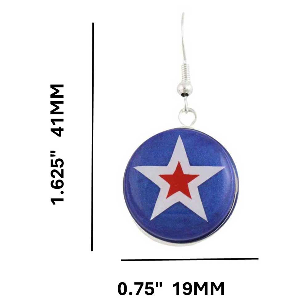 Earring with red star design on a blue background, shown with measurements - Lilylin Designs