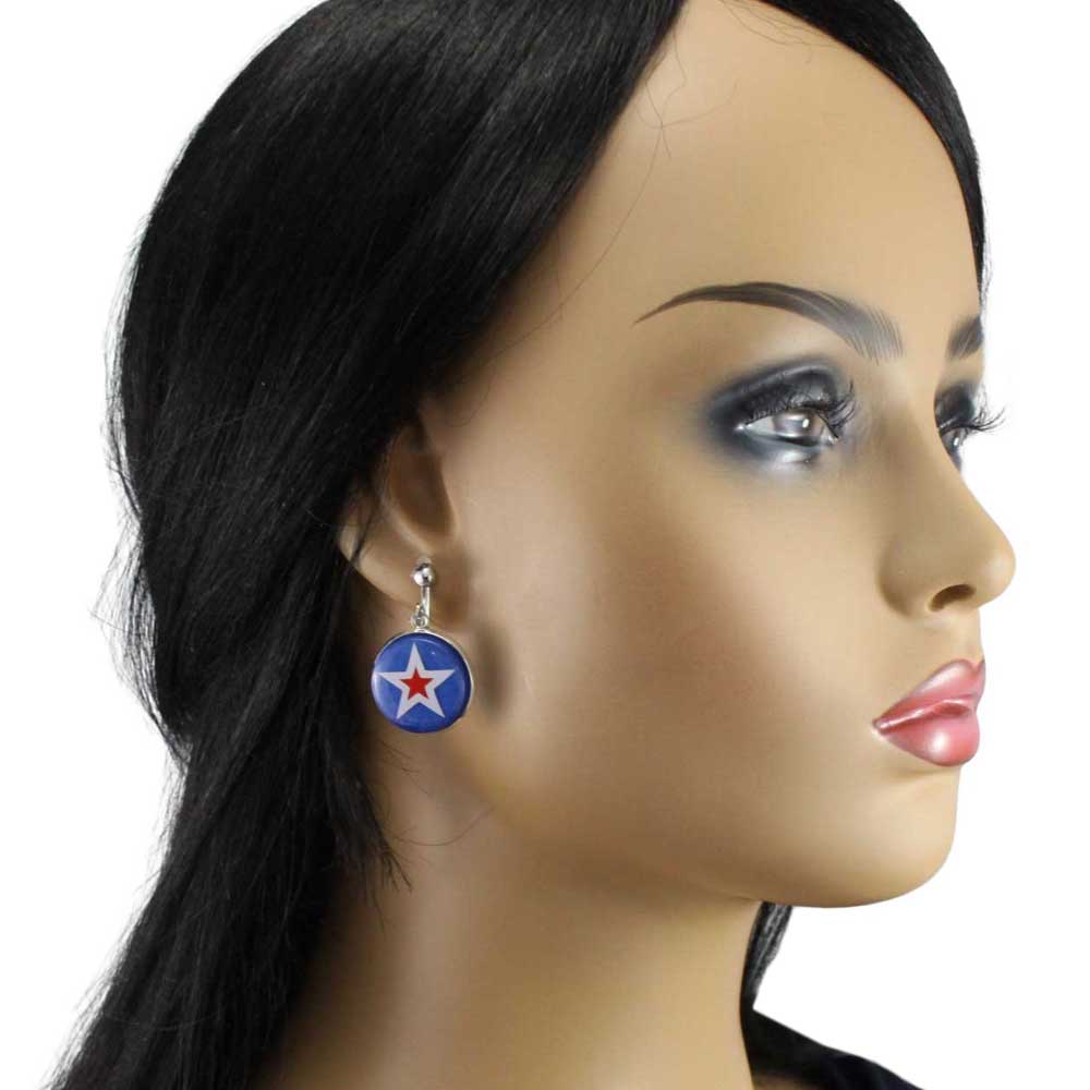 Model wearing red and white star with blue background clip on earrings - Lilylin Designs