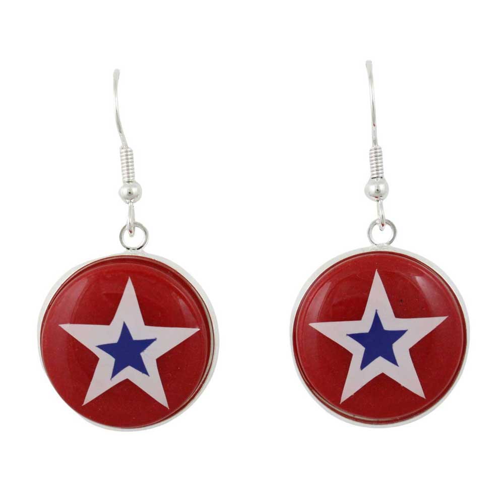Red circular dangling earrings with white stars featuring a blue center - Lilylin Designs