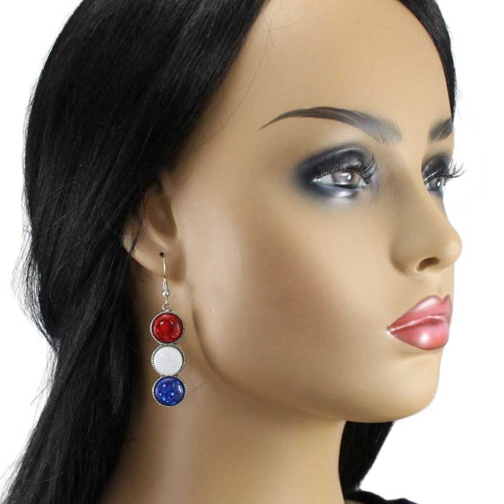 Model wearing Pair of earrings with red, white, and blue circular stones - Lilylin Designs