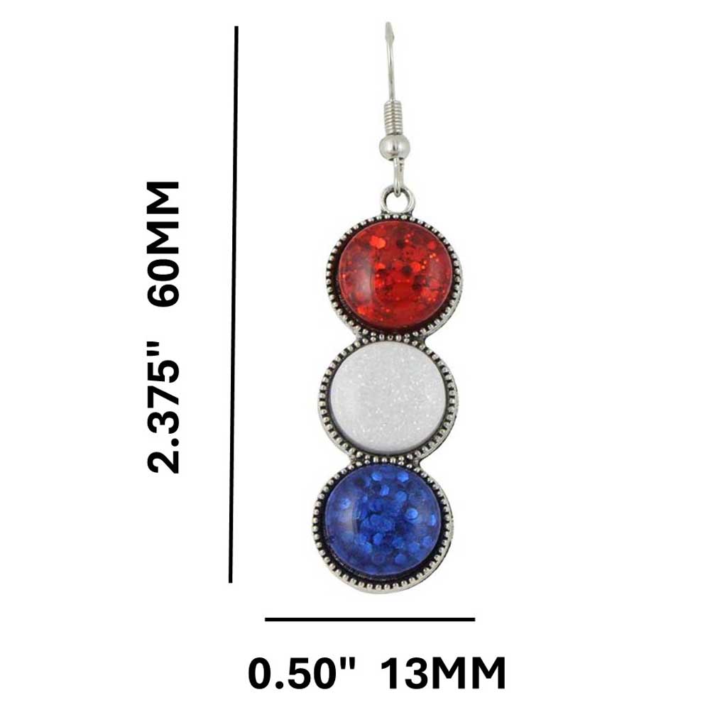 Pair of earrings with red, white, and blue circular stones with measurements - Lilylin Designs