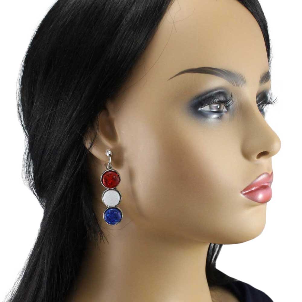 Model wearing Pair of clip on earrings with red, white, and blue circular stones - Lilylin Designs