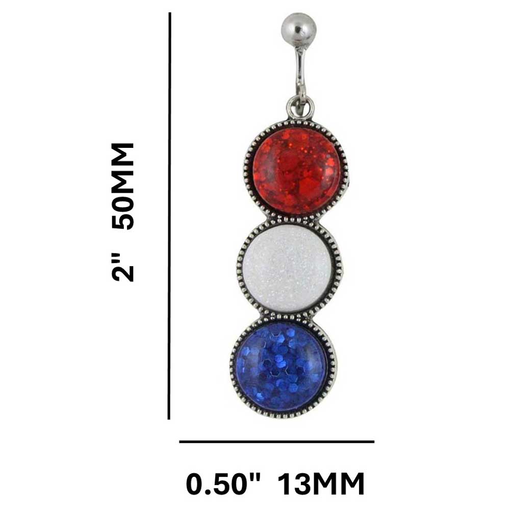 Pair of clip on earrings with red, white, and blue circular stones with measurements - Lilylin Designs