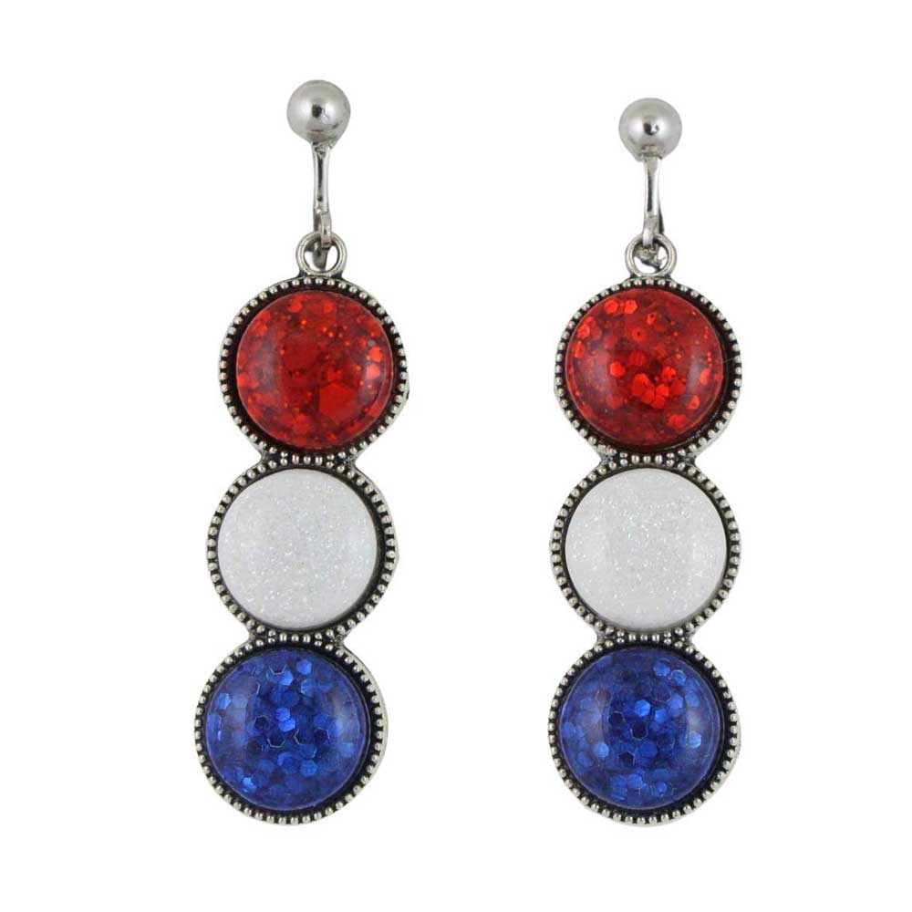 Pair of clip on earrings with red, white, and blue circular stones - Lilylin Designs