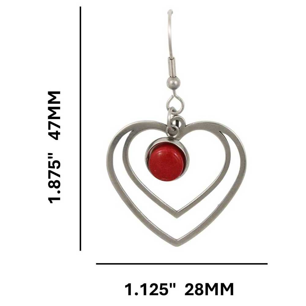 Double heart-shaped earrings with red stones with measurements - Lilylin Designs
