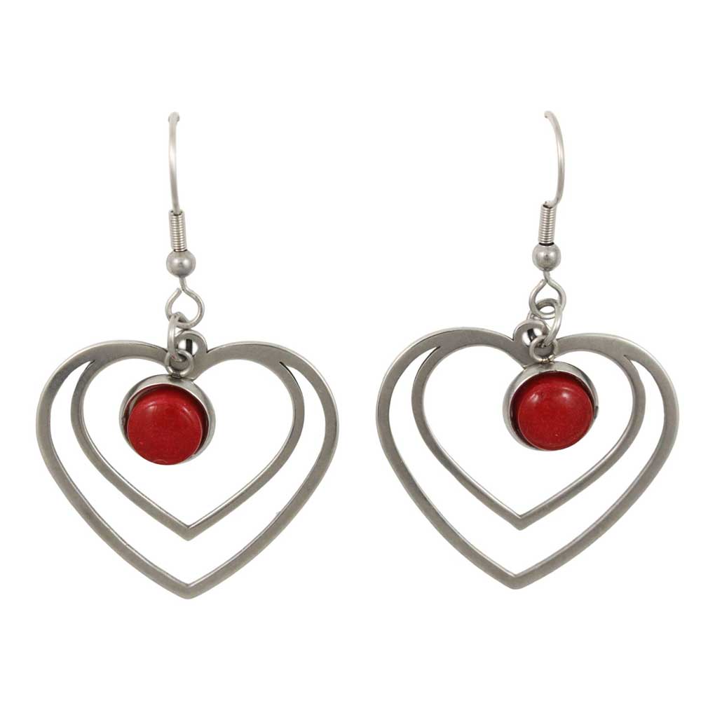 Double heart-shaped earrings with red stones on a white background - Lilylin Designs