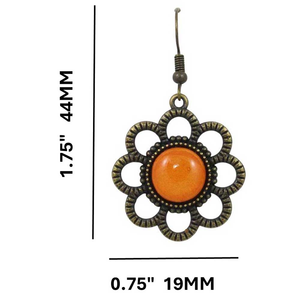 Earring with orange center and bronze floral design, shown with measurements - Lilylin Designs