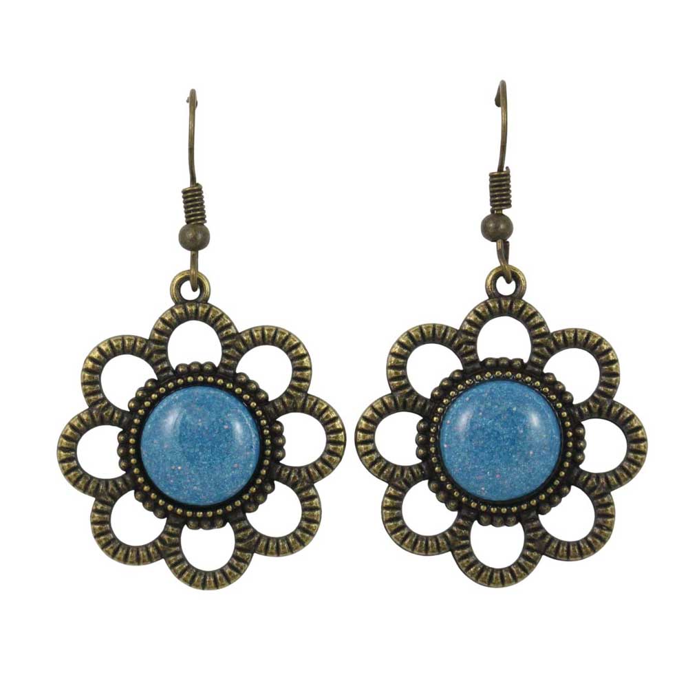 Pair of earrings with blue center and bronze floral design - Lilylin Designs