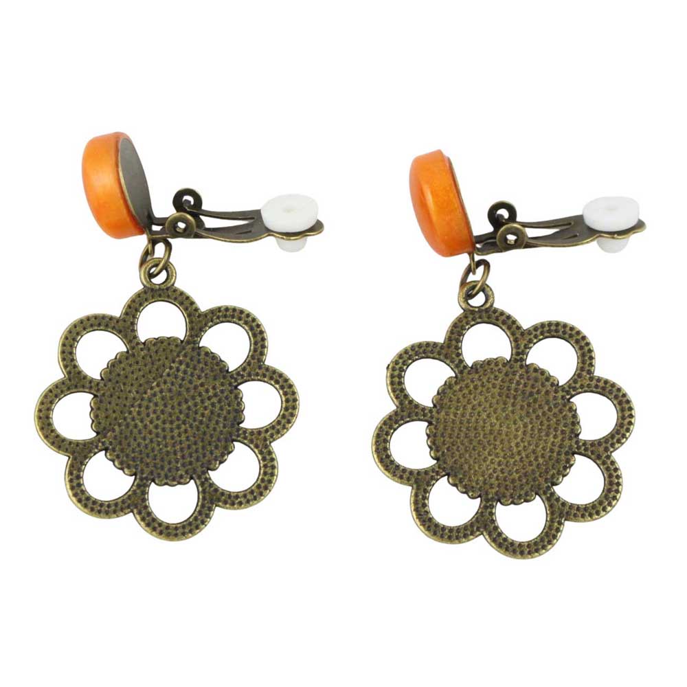 Back view of pair of earrings with orange round resin and floral daisy bronze frames on a white background - Lilylin Designs
