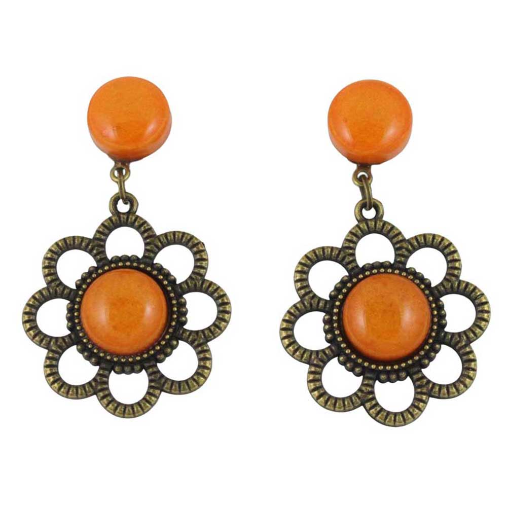Pair of earrings with orange round resin and floral daisy bronze frames on a white background - Lilylin Designs