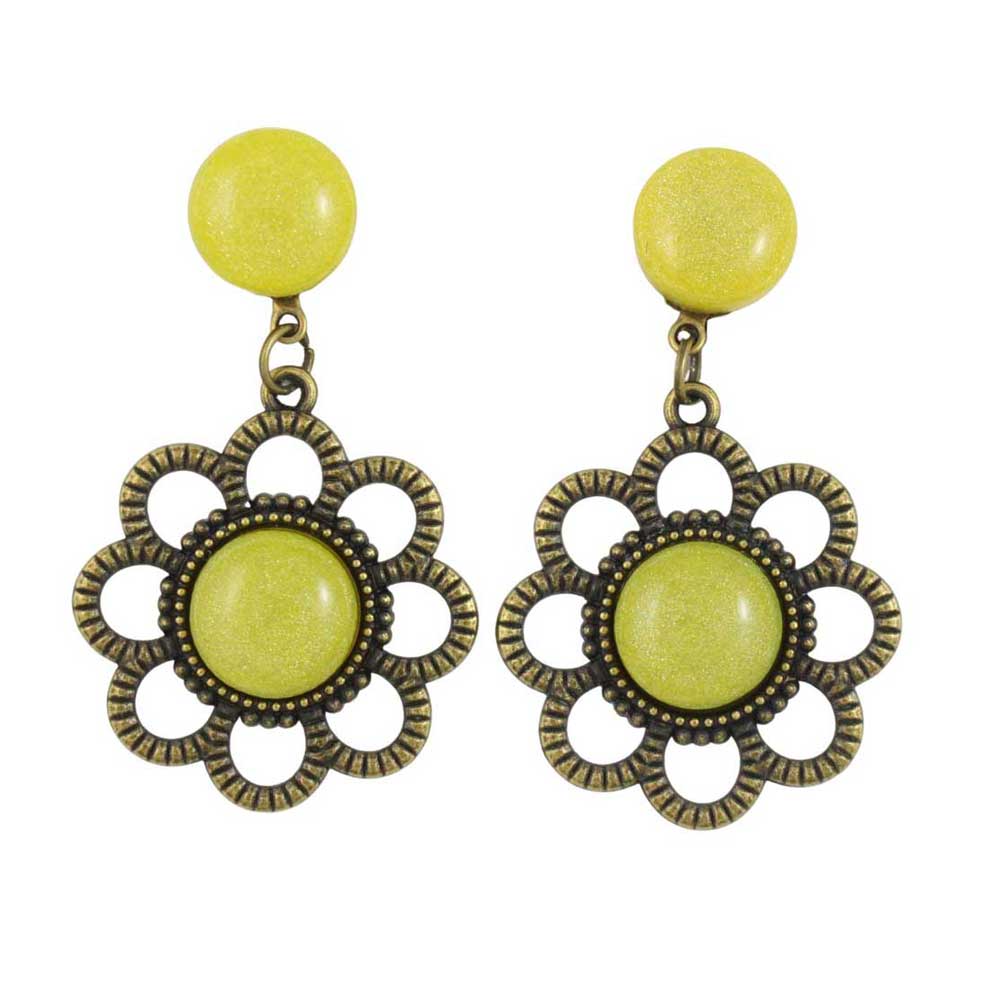 Pair of earrings with yellow round resin and floral daisy bronze frames on a white background - Lilylin Designs