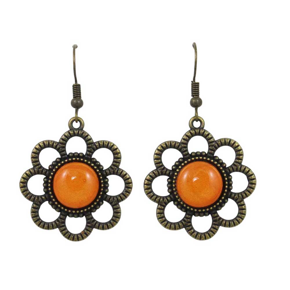 Pair of earrings with orange center and bronze floral design - Lilylin Designs