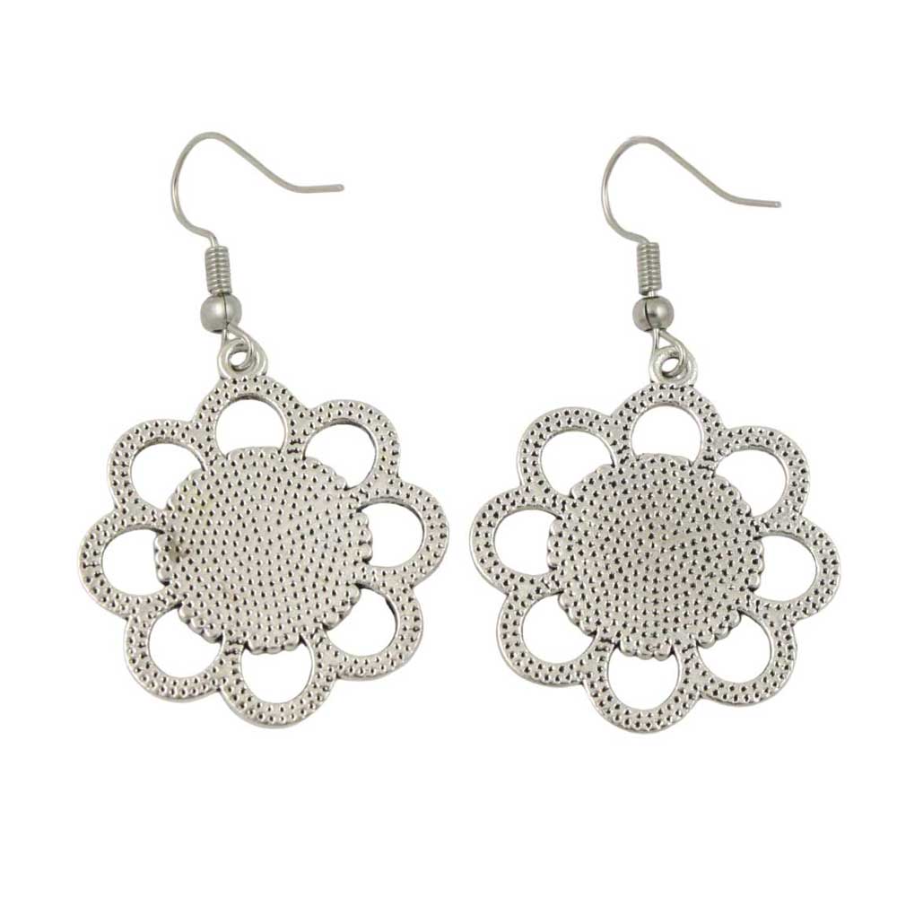 Back view of a pair of earrings with red circular stones and silver floral daisy on a white background - Lilylin Designs