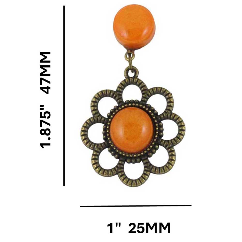 Pair of earrings with orange round resin and floral daisy bronze frames on a white background, shown with measurements - Lilylin Designs
