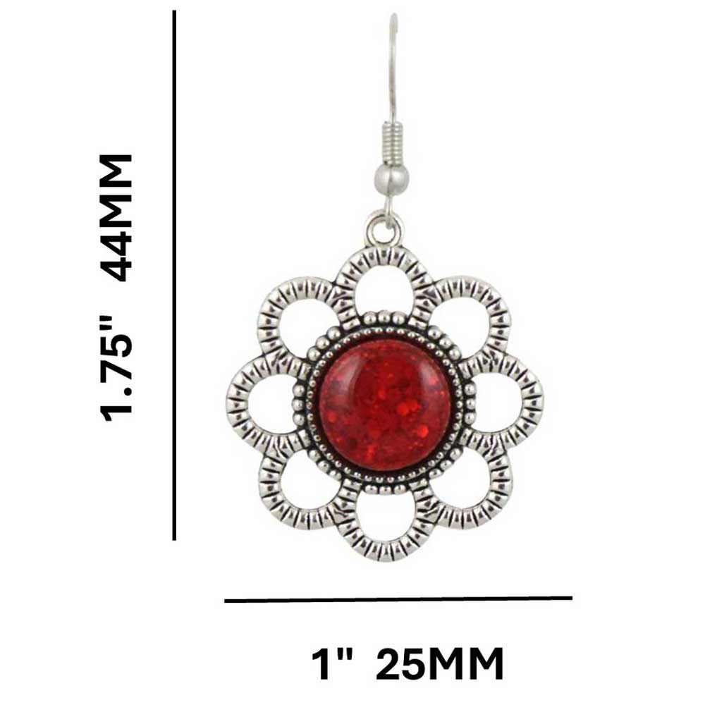 Pair of earrings with red circular stones and silver floral daisy with measurments - Lilylin Designs